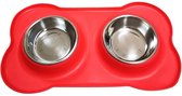 Dubbele RVS Voerbak Hond - Dinerset Drinkbak met Siliconen Placemat - Voederbak Kat - Voer en Drink Bak - Rood