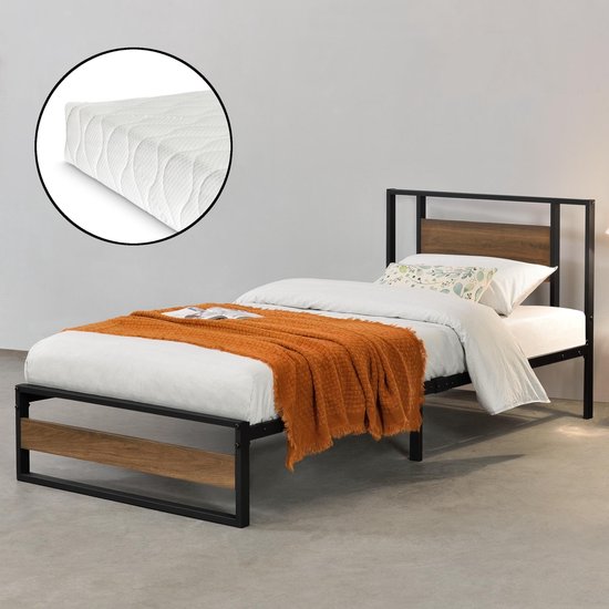 Metalen bed Villach met matras 90x200 cm zwart en walnoot