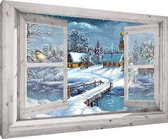 Kerst canvas op houten frame - 60x45x2 cm - wit venster getekend dorp - voor binnen - kerstversiering