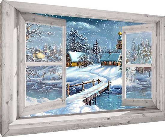 Toile de Noël sur cadre bois - 70X50 cm - fenêtre blanche signée village -  pour
