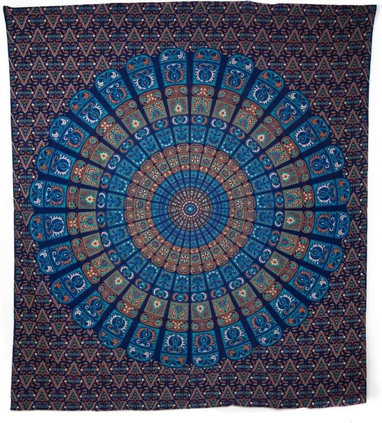 Authentiek Mandala Wandkleed Katoen Blauw/ Oranje (240 x 210 cm)