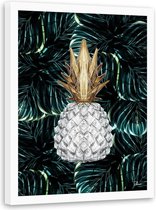 Foto in frame , Witte ananas op tropisch groen , 70x100cm , wit groen geel , wanddecoratie