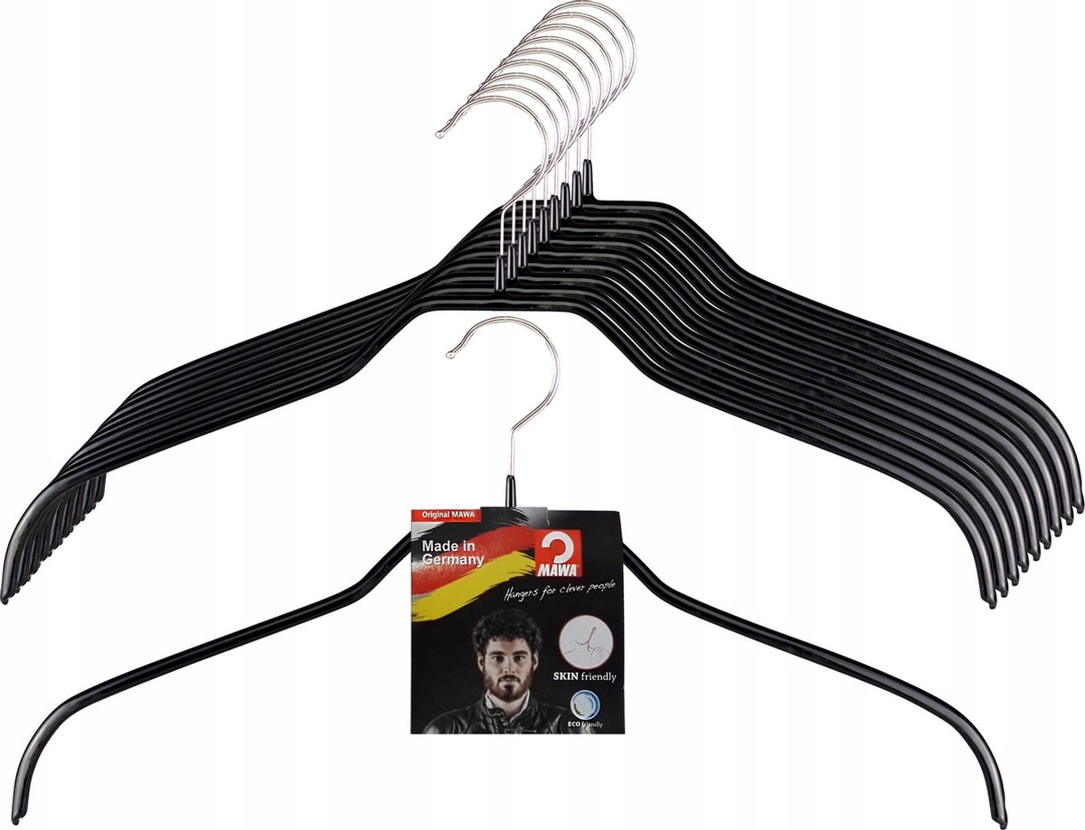 [Set van 5] MAWA 41F - dunne ruimtebesparende metalen kledinghangers met zwarte anti-slip coating voor o.a. blouses, jurkjes en shirts