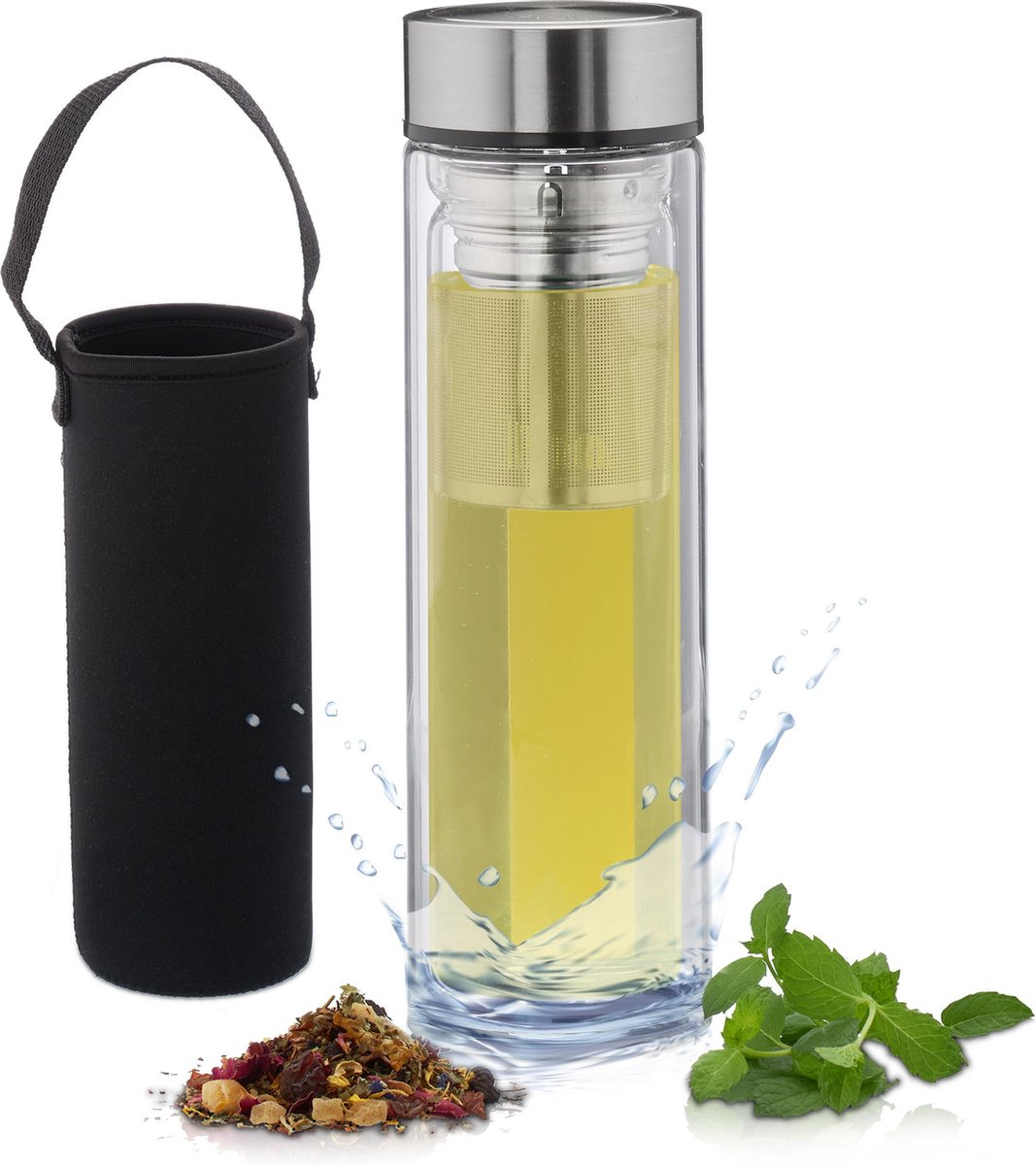 Cosumy Theefles met Filter - Glazen Theefles voor Thee 500ml - Dubbelwandig Glas met vilten zakje - Hittebestendig - Lekvrij - Vaatwasmachinebestendig (Grijs