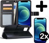 Hoes voor iPhone 12 Pro Hoesje Book Case Met 2x Screenprotector Tempered Glass - Hoes voor iPhone 12 Pro Case Hoesje Cover - Hoes voor iPhone 12 Pro Hoes Wallet Case Hoesje - Zwart
