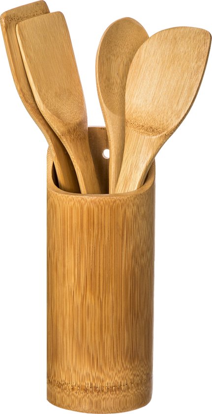 buis strip Intiem 4goodz 5-delige Bamboe Spatel- en Pollepel set in houder - 9x32cm | bol.com
