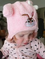Warme zachte babymuts kindermuts met afbeelding konijn kleur roze maat 48
