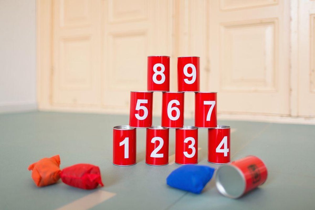 BS Toys Blikgooien Werpspel - Speelgoed Pittenzak Gooien - Kinderspeelgoed vanaf 3 Jaar - Buitenspeelgoed - 10 Blikken - Rood - Spelletjes voor kinderen - Buiten speelgoed - Buitenspel - Buiten Spellen - Tuin Speelgoed - Cadeau kind — afbeelding 6