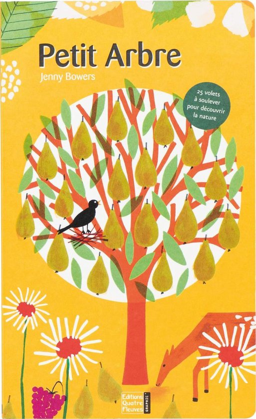 Boek 'Petit Arbre' van Jenny Bowers, met een illustratie van een boom vol peren en een zwart vogeltje.
