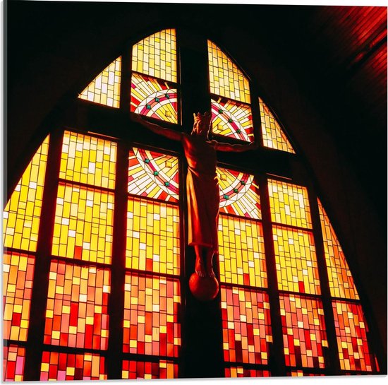 Acrylglas - Glas in Lood Raam met Jezus  in Kerk - 50x50cm Foto op Acrylglas (Wanddecoratie op Acrylglas)