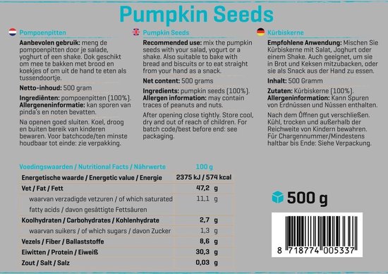 Body & Fit Pure Pumpkin Seed - Superfood - Pure Pompoenpitten - 500 gram (1 Zak) - Body & Fit