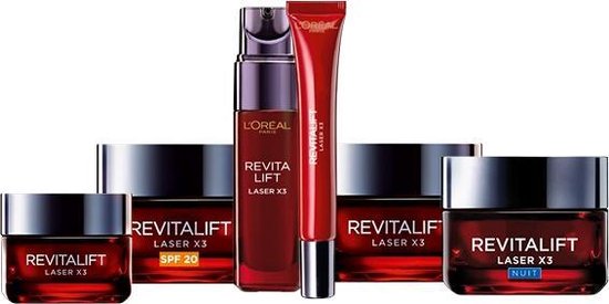 Een set L'Oréal Revitalift Laser X3 producten: serum, dagcrèmes (waaronder SPF 20) en nachtcrème in donkerrode verpakkingen.