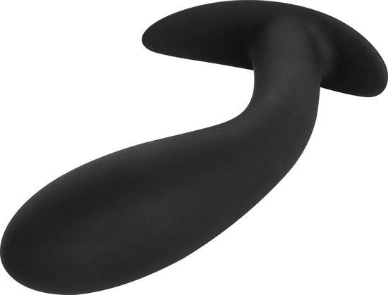 Zwarte Banoch buttplug met gebogen steel en brede, platte flens aan de bovenkant.