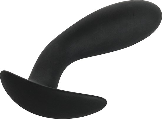 Zwarte Banoch buttplug met gebogen vorm en brede flens aan de onderkant.