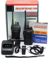 Twee Baofeng Walkie Talkies - 5 km Bereik - 8u Stand-by - 2x Headset incl 2 oortjes, Accu, Oplader, Antenne & Riemclip - 400-470 Mhz