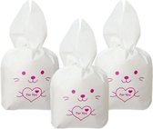 50x Uitdeelzakjes Wit - Roze Konijn 13 x 22 cm - Plastic Traktatie Kado Zakjes - Snoepzakjes - Koekzakjes - Koekje - Cookie Bags - Pasen - Kinderverjaardag - Feestje