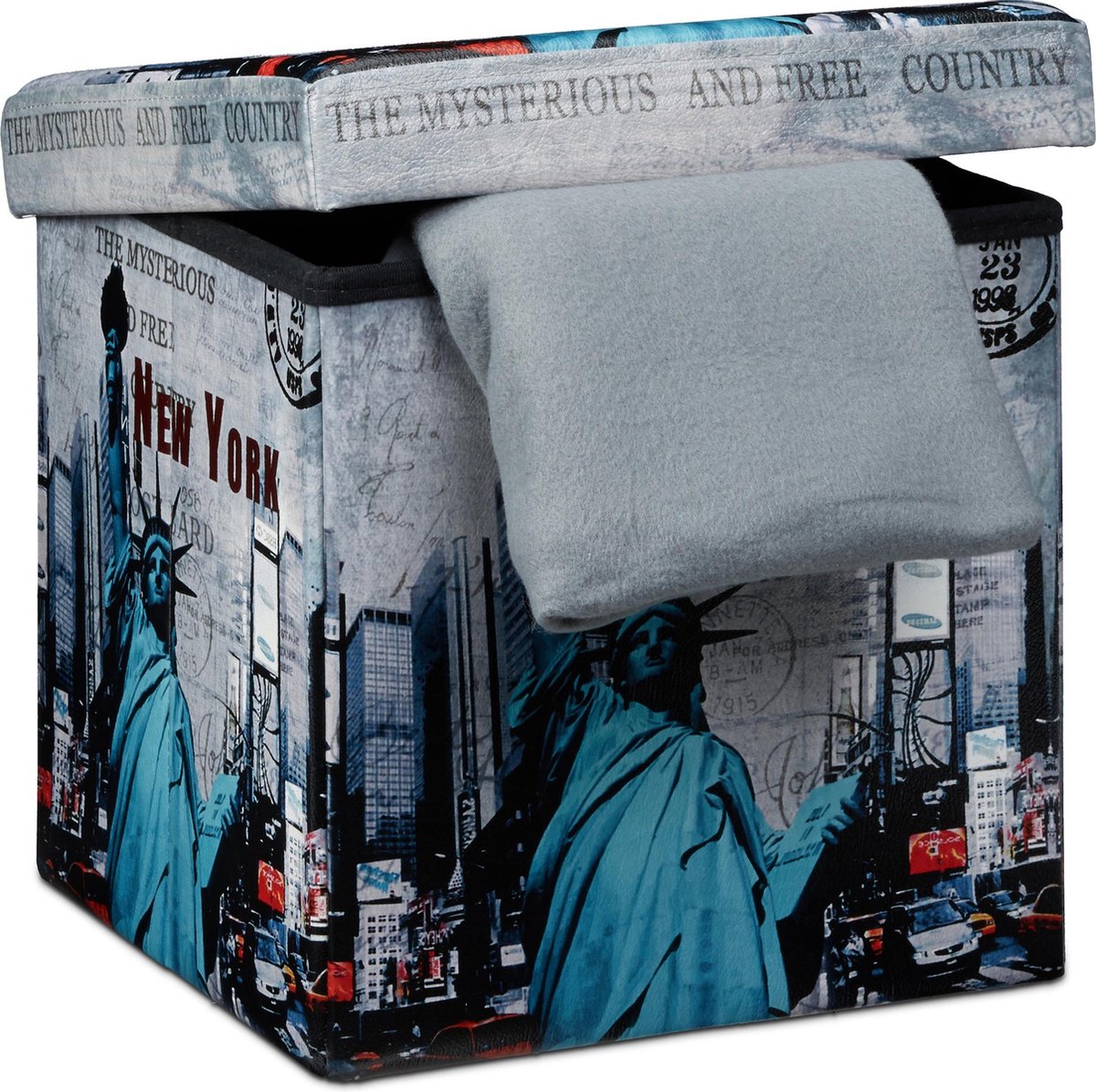 Relaxdays poef met opbergruimte, fluweel, opvouwbaar, gepolsterde deksel, ronde hocker velvet, H x 31 x 57 cm, blauw