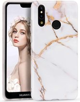 Huawei P20 Lite hoesje - Wit / Goud - Marmer - Soft TPU