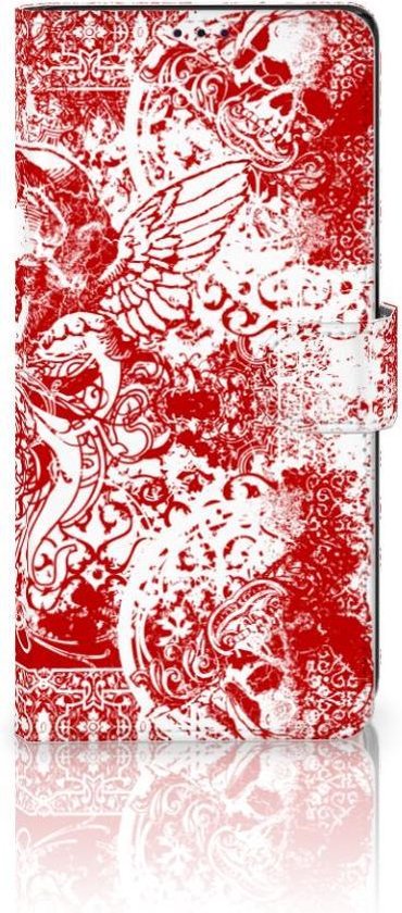 Coque Téléphone Samsung Galaxy Note20 Ultra Housse en Cuir Premium Flip Case Portefeuille Etui pour Ange Crâne Rouge