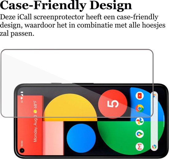 Transparante screenprotector naast een telefoon met kleurrijke iconen. Tekst: "Case-Friendly Design".