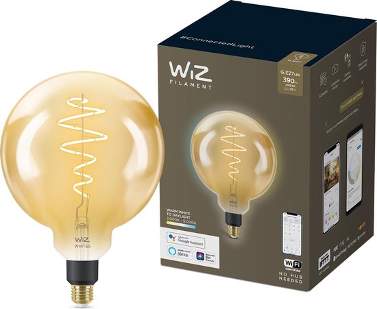 WiZ Ampoule ambre à filament 25W G200 E27, Ampoule intelligente, Wi-Fi, Or, E27, Blanc, 2000 K