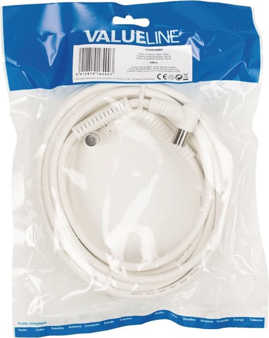 Valueline coax antennekabel 120dB coax mannelijk gehoekt - coax vrouwelijk gehoekt 5,00 m wit - Valueline
