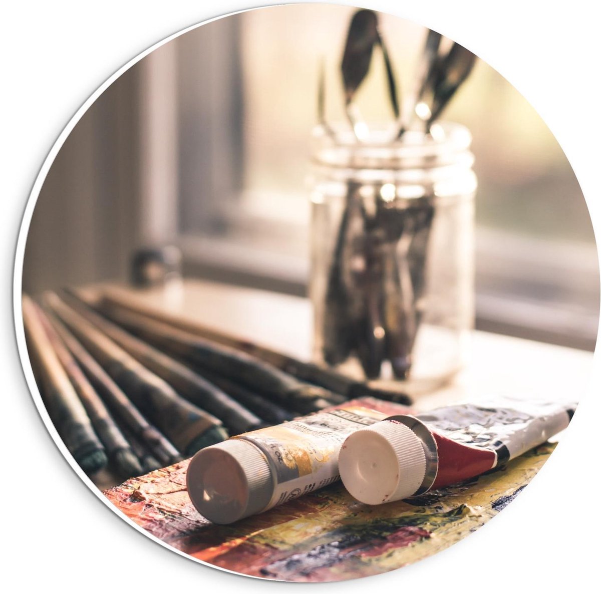 KuijsFotoprint - Schilderij - Verfkwasten Met Verf - Bruin, Geel, Rood En Beige - 20 X 20 Cm