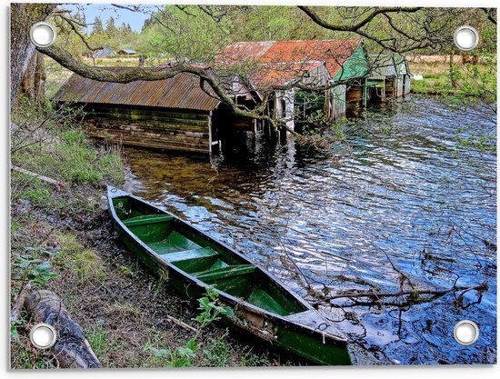 Tuinposter – Oude Kano en Schuurtjes in het Water - 40x30cm Foto op Tuinposter  (wanddecoratie voor buiten en binnen)