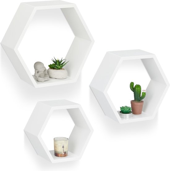 relaxdays wallboard hexagon - Set de 3 pièces - hexagonal - étagère murale MDF - boîte murale bois blanc