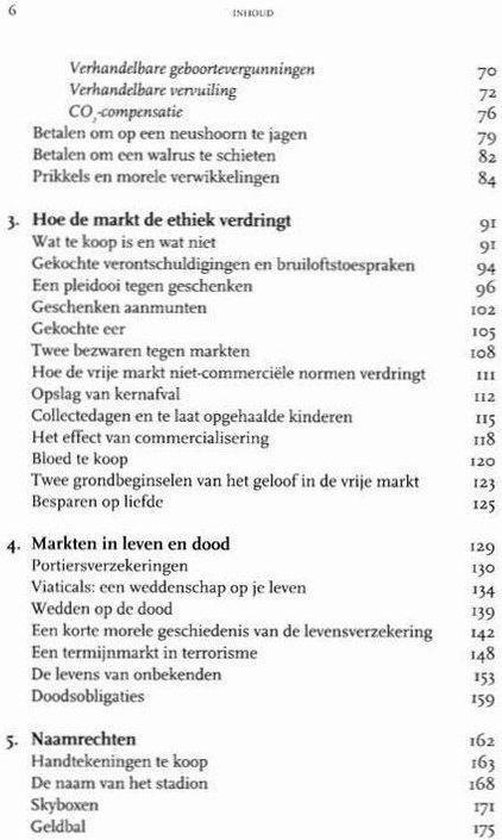 Pagina met de inhoudsopgave van een boek, inclusief hoofdstukken over ethiek en leven en dood.