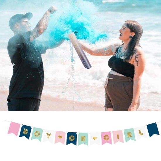 Foto: Gender reveal pakket 2x rookkanon blauw boy or girl slinger