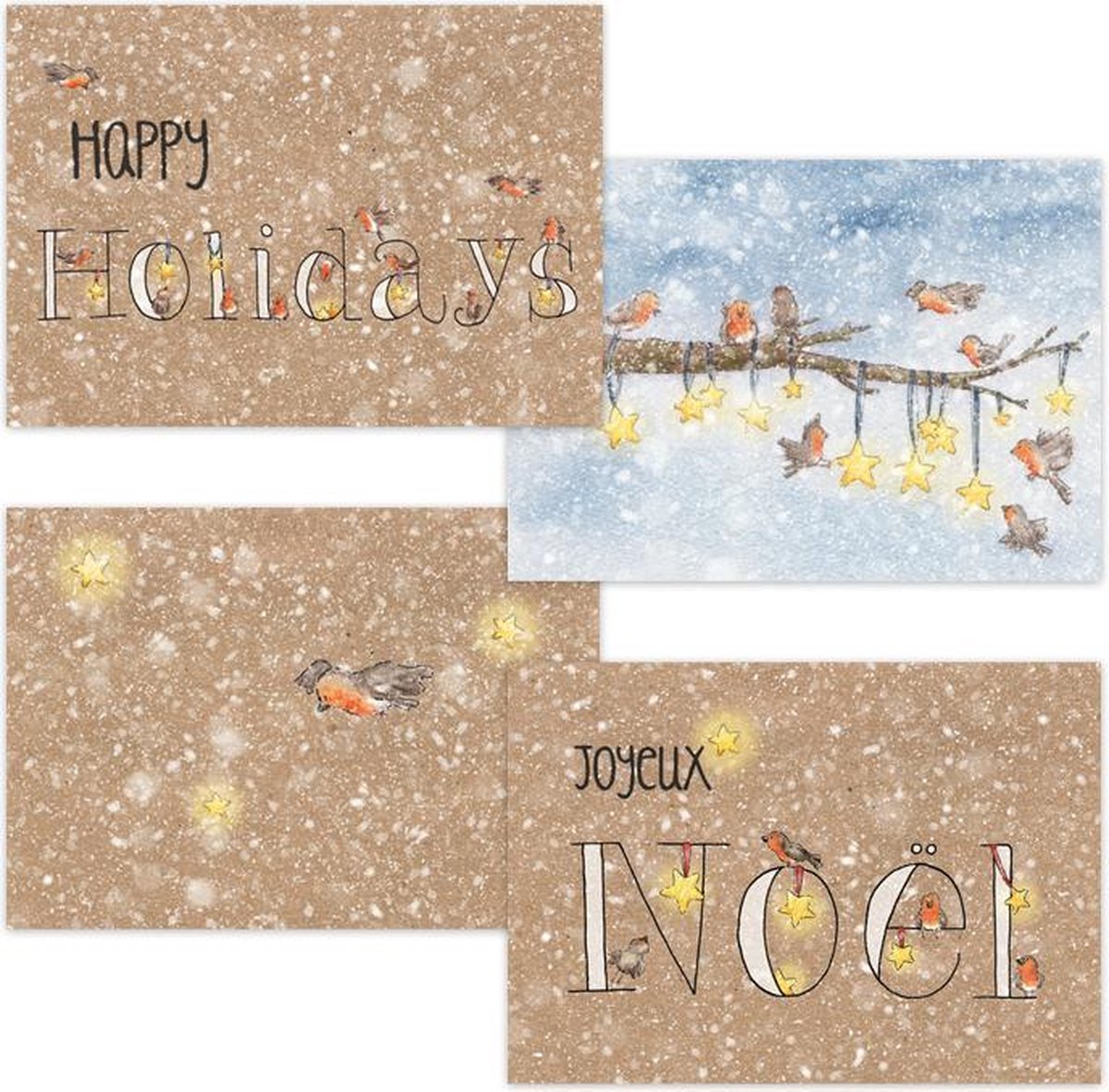 Kerstkaarten | Set van 4 | Roodborstjes | Illu-Straver