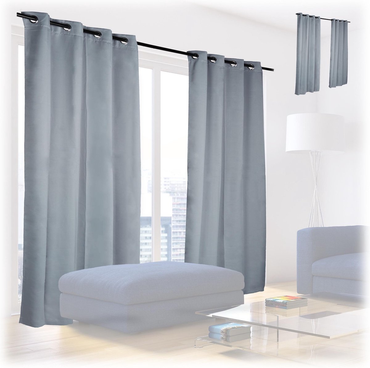 Relaxdays 4 x kant en klaar gordijnen verduisterend - effen - polyester – blackout grijs