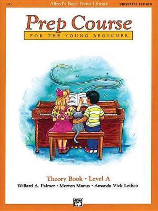 Boekomslag voor 'Prep Course for the Young Beginner', met een jongen en meisje die piano spelen met een kat op schoot.