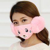 Mondkapje kind - wasbaar - herbruikbaar - Mondmasker - mondbescherming - mondkapje met print - leuk printje - roze beertje - met oorwarmers - schattig
