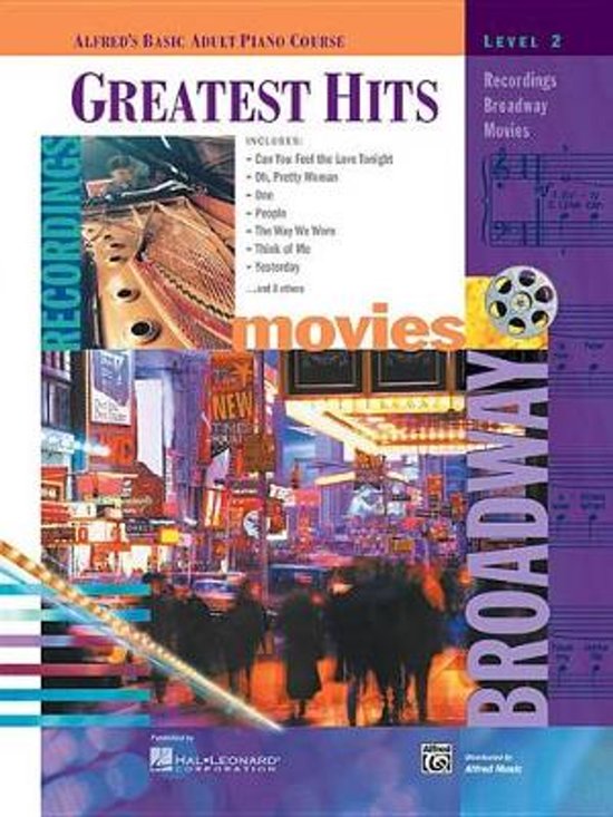Livre "Greatest Hits, Level 2" avec piano et scène de rue à Broadway.
