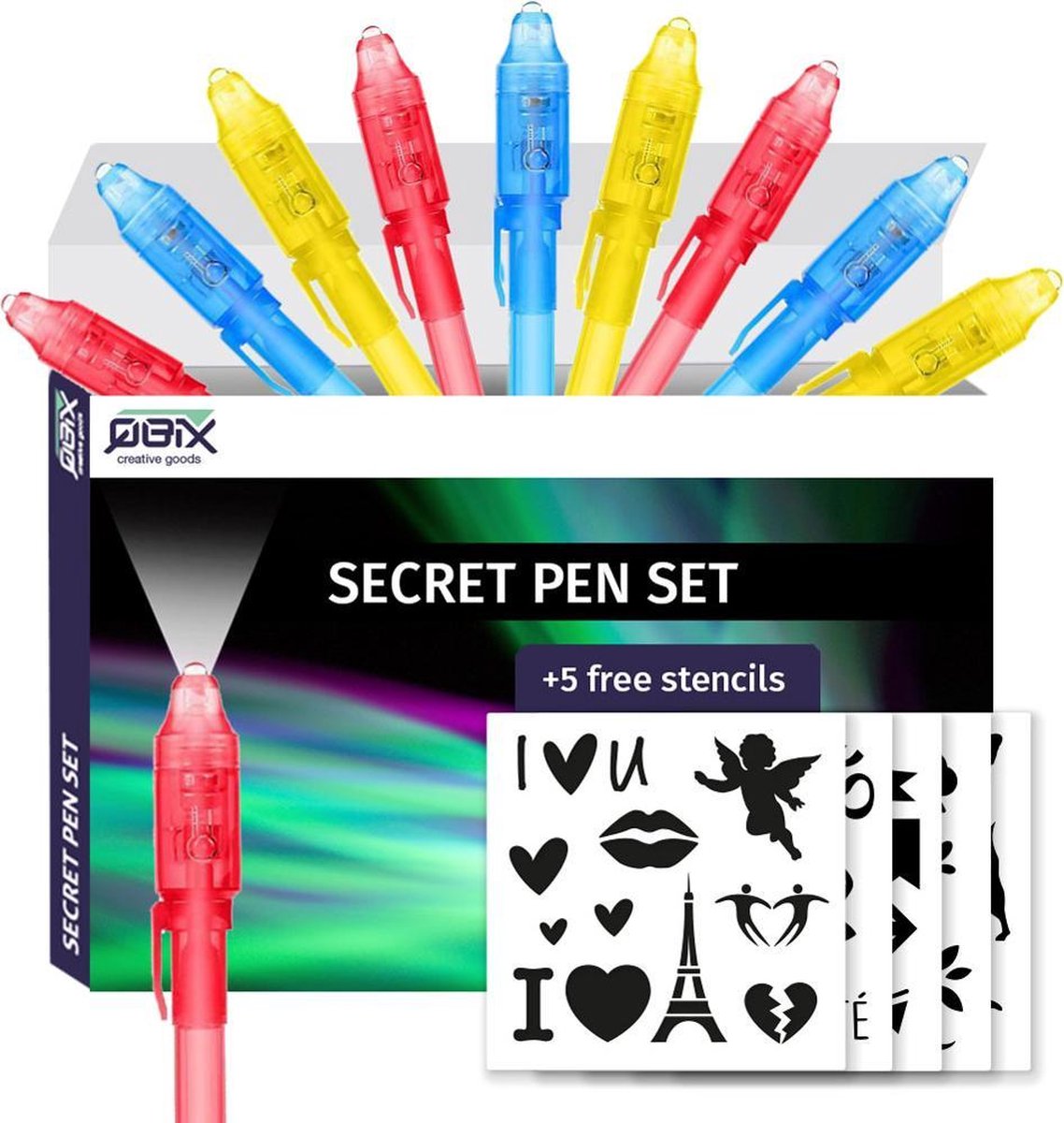 QBIX Uv pen set - 9 Geheimschrift Pennen met 5 Bullet journal Sjablonen - onzichtbare inkt - QBIX