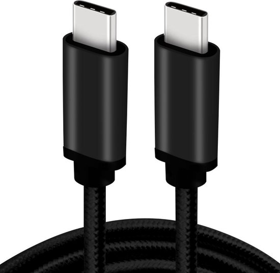 Twee zwarte USB-C naar USB-C kabels met zilveren connectoren, opgerold.