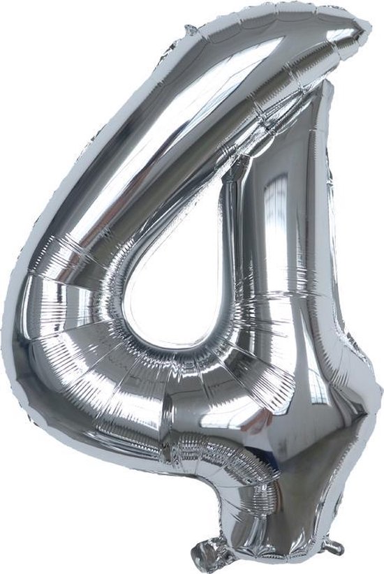 Folie Ballonnen XL Cijfer 4 , Zilver, 86cm, Verjaardag, Feest, Party, Decoratie, Versiering, Miracle Shop