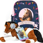 Rugtas blond Paard - Peuter Rugzak - 29 x 23 x 14 cm - Roze glitters- Meisjes rugtas - schooltas - incl grote Paarden pluche knuffel 60 cm - met verzorging set - bruin wit.