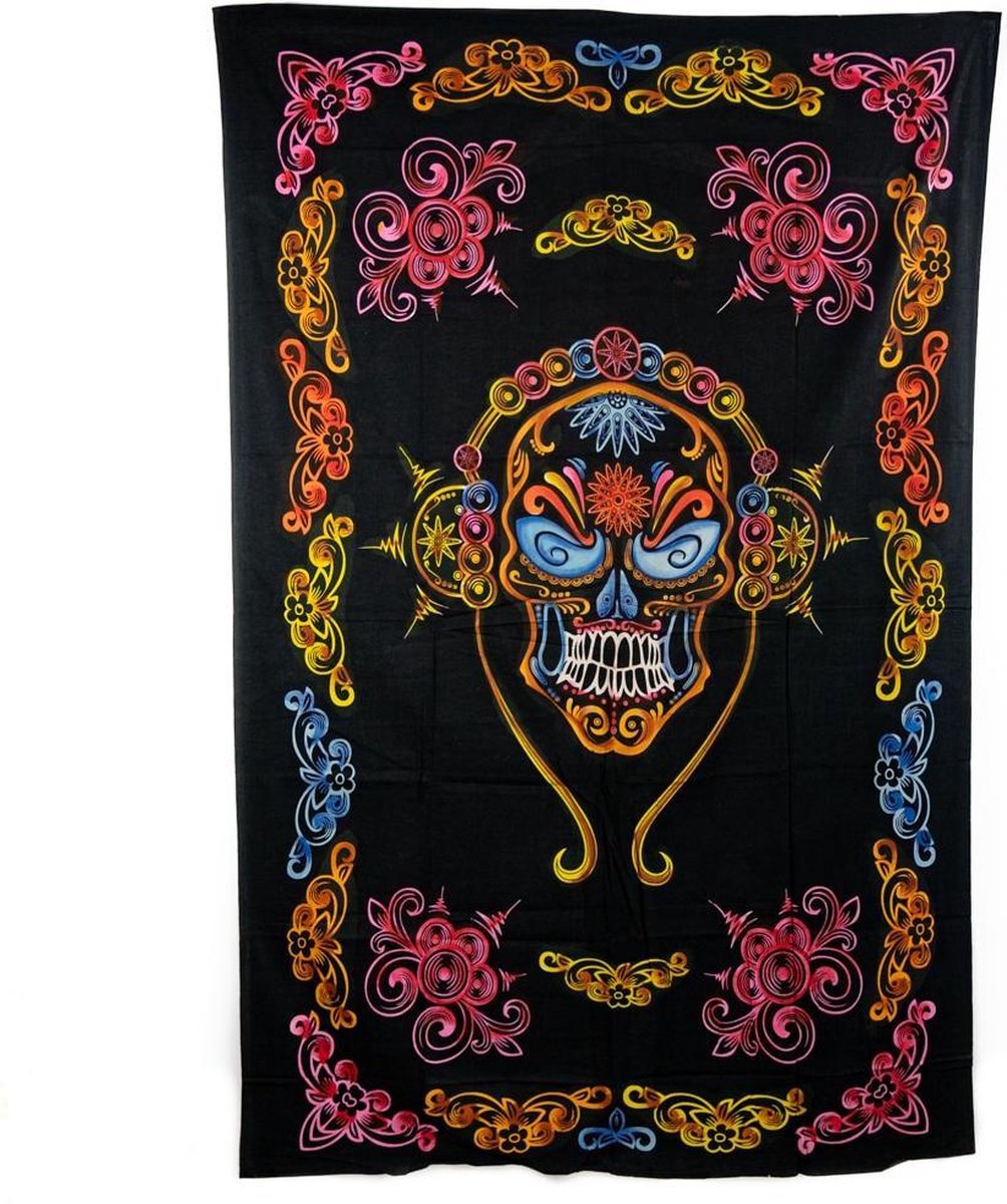Authentiek Wandkleed Katoen Schedel met Koptelefoon Kleurrijk (215 x 135 cm)