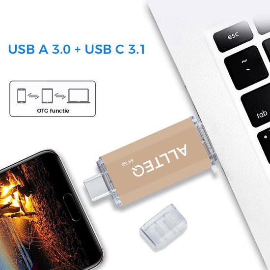 Allteq ALTQ-UC-64G, 64 Go, USB Type-A / USB Type-C, 3.2 Gen 1 (3.1 Gen 1), 120 Mo/s, 9,2 g, Or