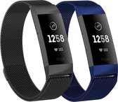 Milanees Smartwatch bandje - Geschikt voor  Fitbit Charge 3 Milanese banden - 2-pack - Zwart en Blauw - Maat: S - Horlogeband / Polsband / Armband