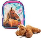 Rugtas bruin Paard - Peuter Rugzak - 29 x 23 x 14 cm - Roze - Meisjes rugtas - schooltas - incl Paarden knuffel - pluche Pony 22 cm -  bruin