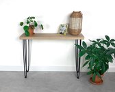 Sidetable zwart metaal met massief eiken bovenblad 100 x 30 x 75 cm - Wandtafel - Haltafel - Sidetable zwart