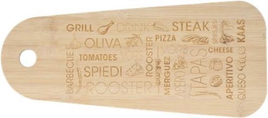 Bamboe serveerplank met 'tapas' thema, met teksten als 'grill', 'tapas', 'aperitivo' en diverse etsingen van voedsel.