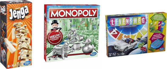 Afbeelding van het spel Spellenbundel - Bordspellen - 3 Stuks - Jenga & Monopoly Classic & Levensweg Elektronisch Bankieren