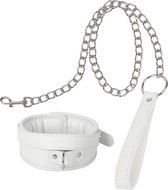 Banoch - Collar & leash White - Halsband en Riem - wit imitatieleer - bondage