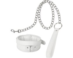 Banoch - Collar & leash White - Halsband en Riem - wit imitatieleer - bondage