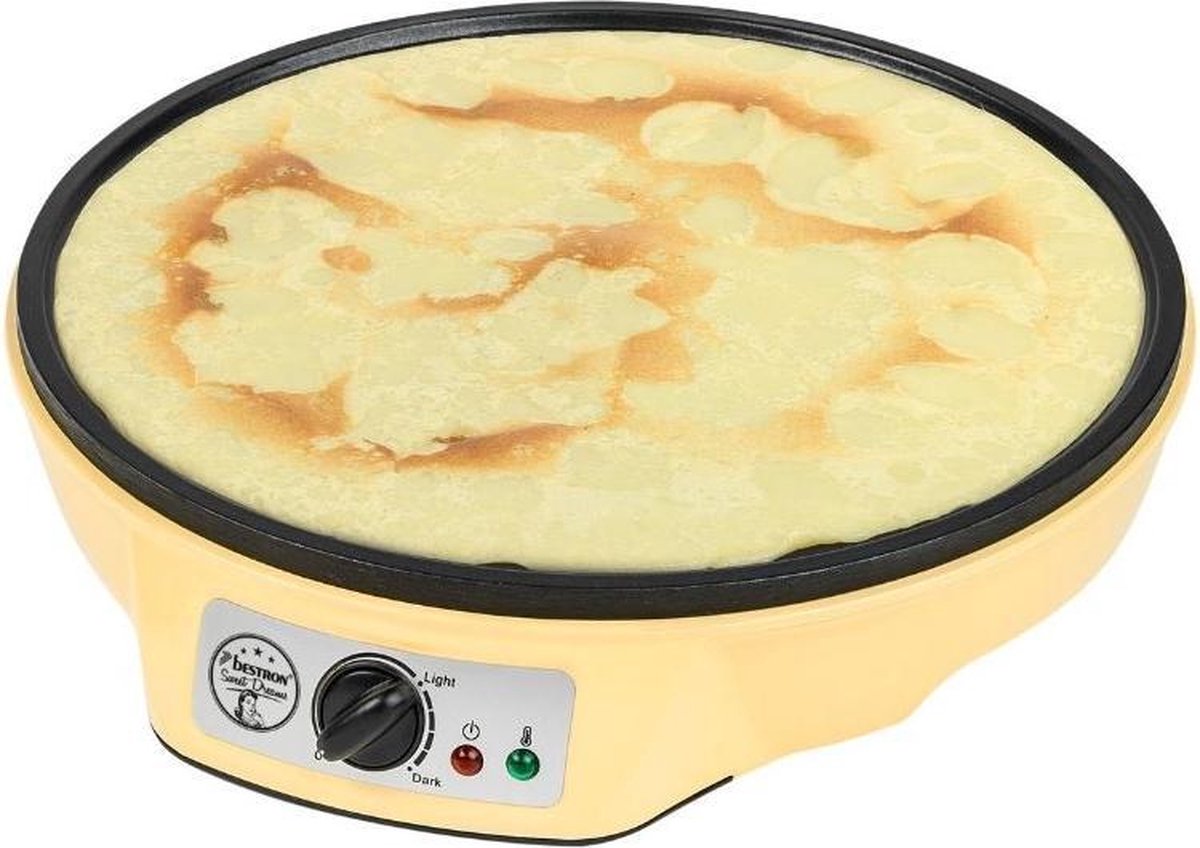 Bestron Crepe Maker voor crepes met Ø 30cm pannenkoekenmaker incl. deegverdeler & crêpeskeerder met antiaanbaklaag & indicatielampje 1000 Watt geel